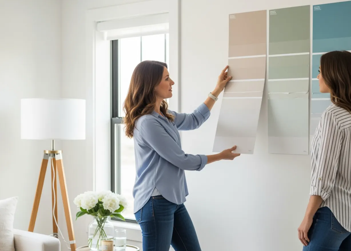 Two people comparing paint samples on a wall