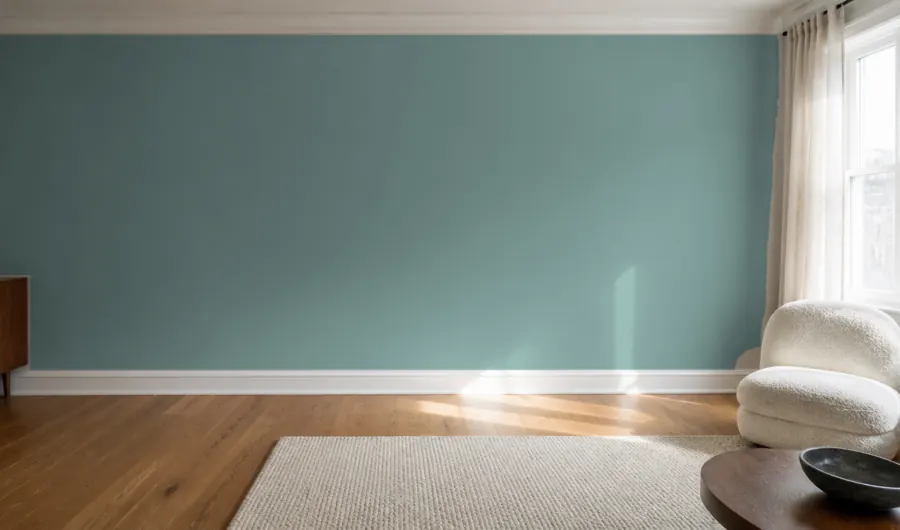 Living room with a quiet blue-green wall
