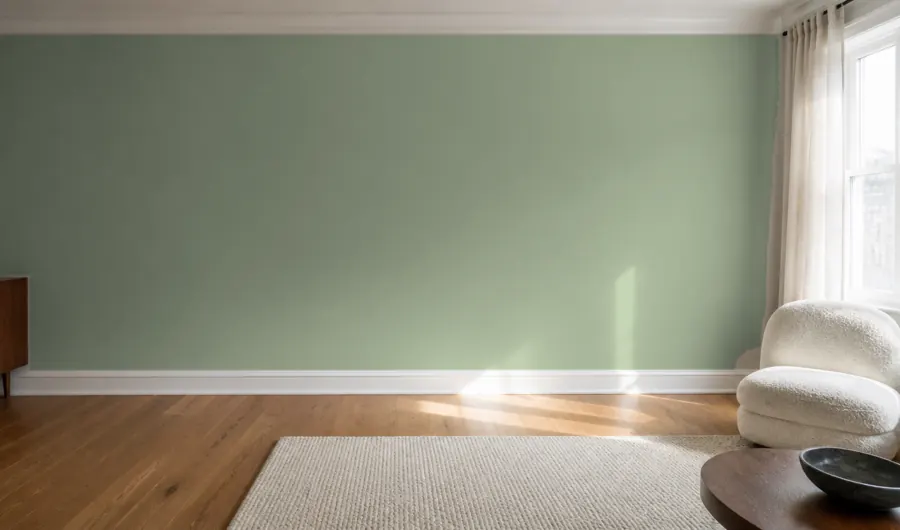 Living room with a muted sage wall