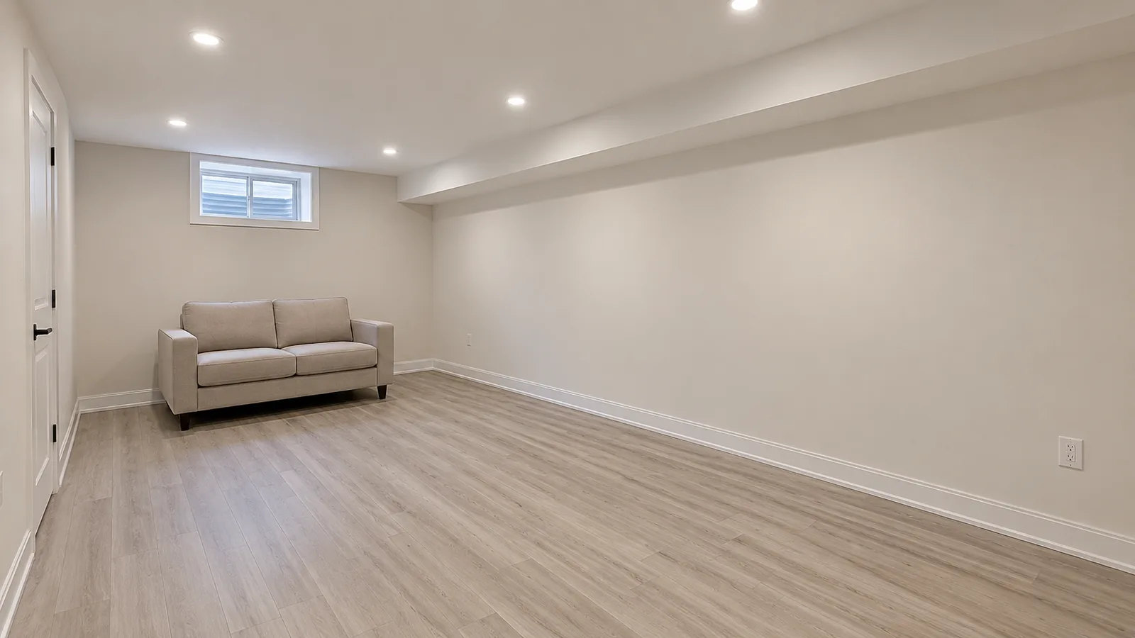 Finished basement with a sofa and a small window
