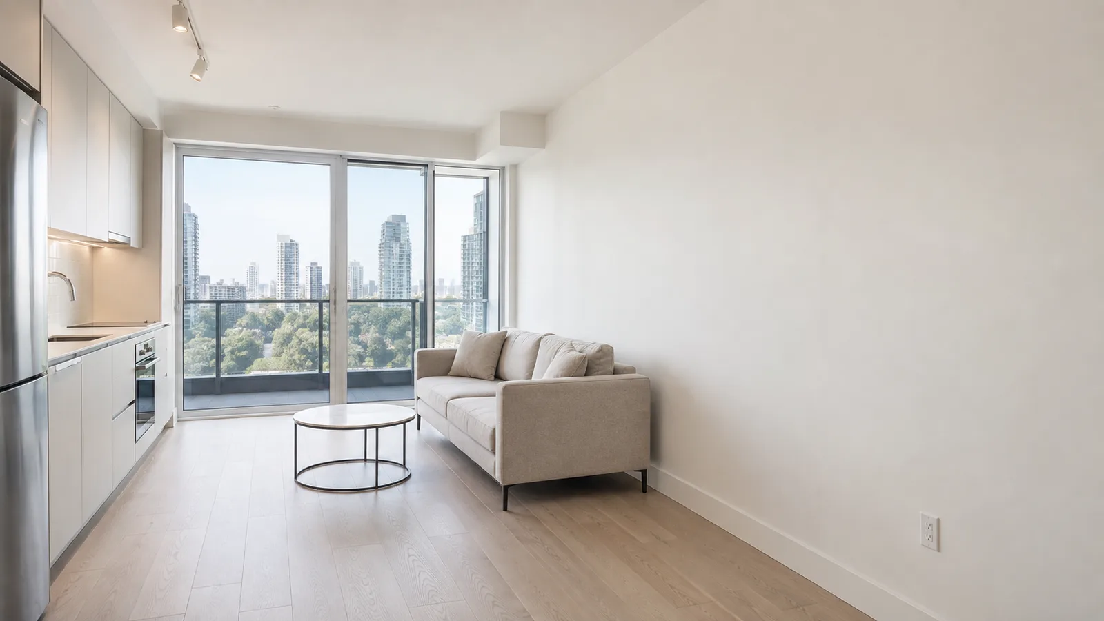 Bright condo living room with a large city window