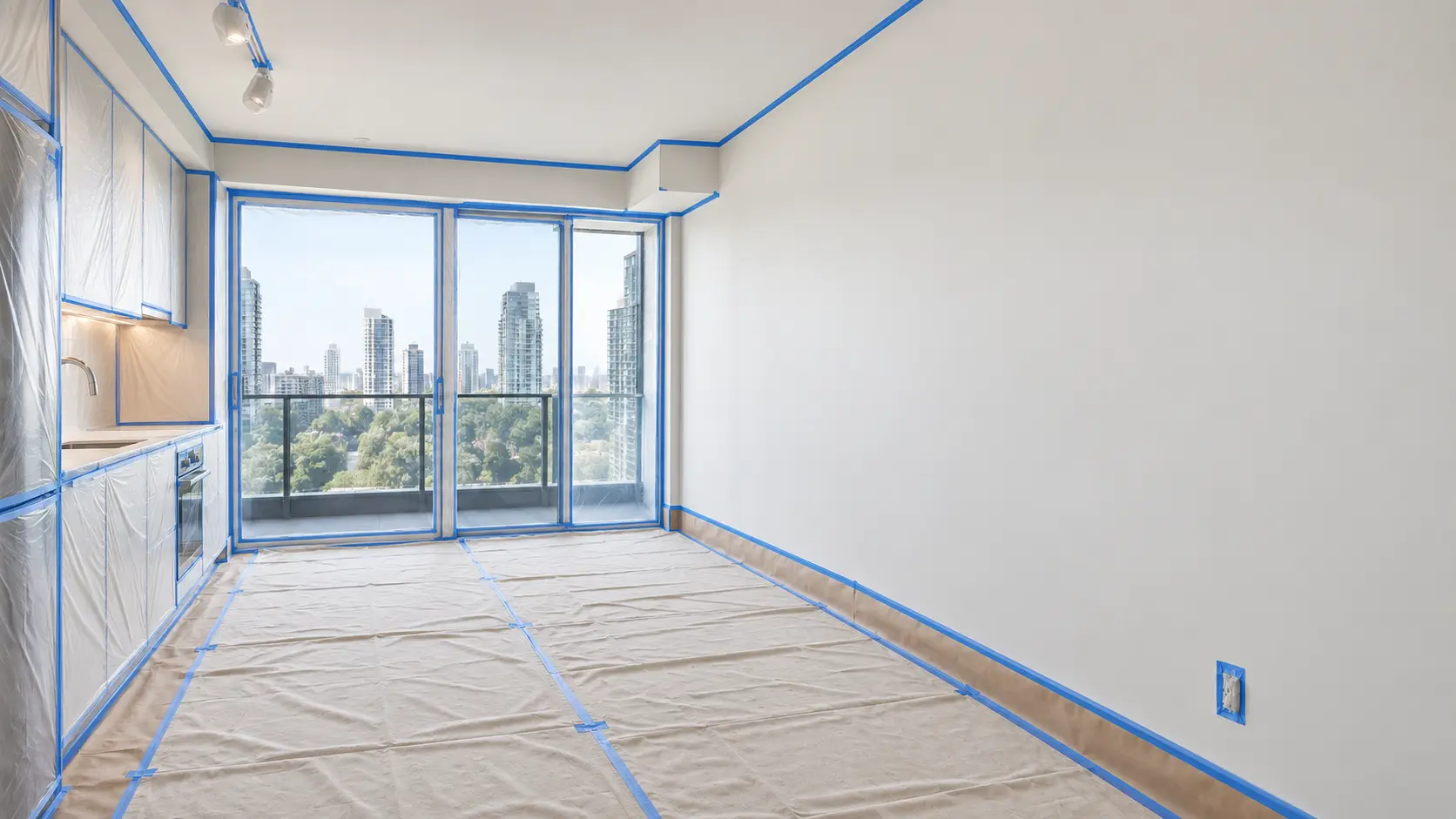 A room prepared for painting, with the floor covered and edges taped