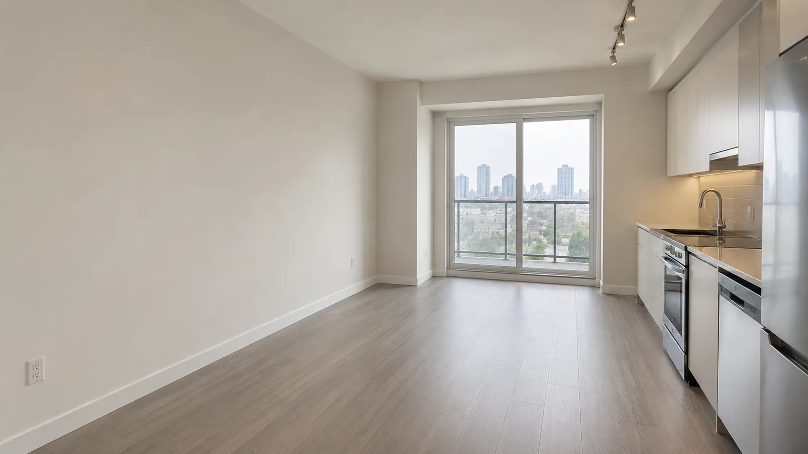 Empty rental unit with a kitchen and balcony door