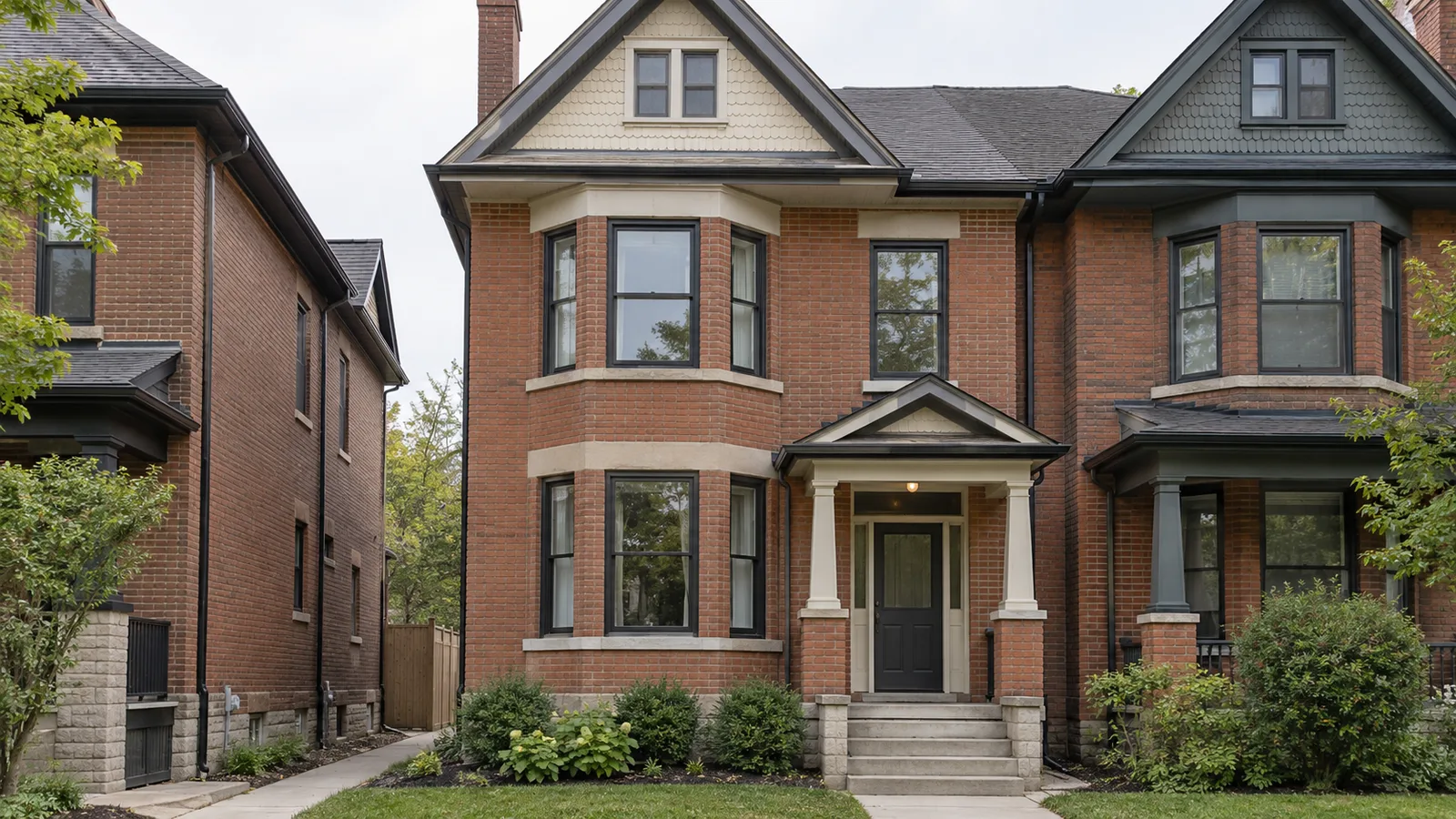 Red-brick Toronto semi-detached house with a front porch